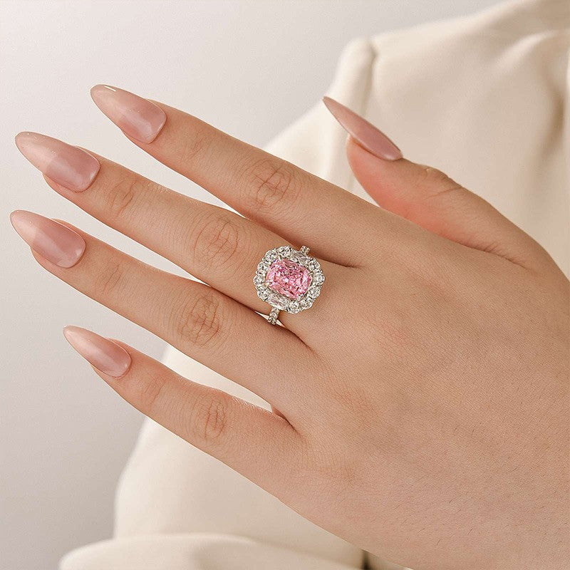 Vintage 4.0Ct Halo Pink Cushion Cut Engagement Ring In Sterling Silver For Women - louilyjewelry