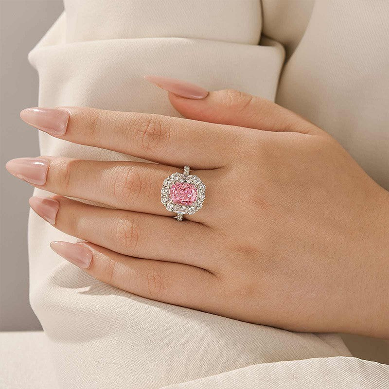 Vintage 4.0Ct Halo Pink Cushion Cut Engagement Ring In Sterling Silver For Women - louilyjewelry