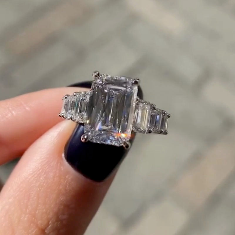 Luxe 9.0Ct Emerald Cut Engagement Ring In Sterling Silver