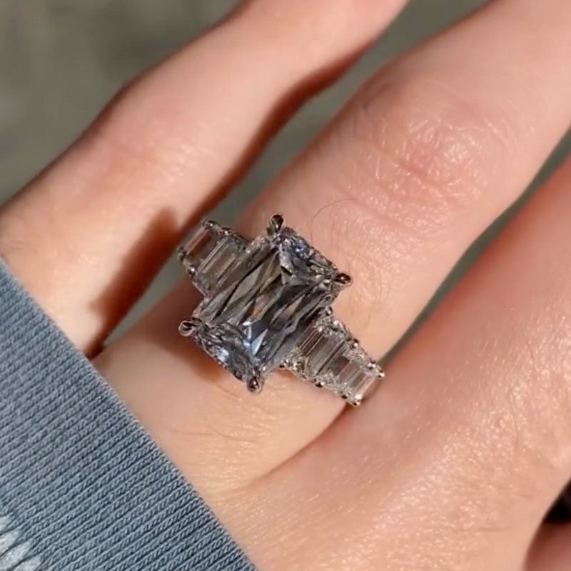 Luxe 9.0Ct Emerald Cut Engagement Ring In Sterling Silver