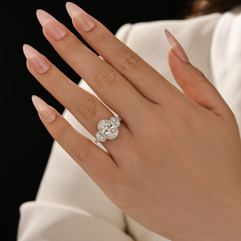 2.5Ct Halo Oval Cut Three Stone Engagement Ring Travel Ring In Sterling Silver