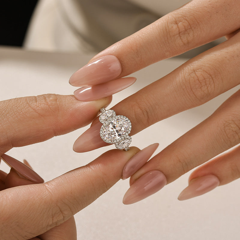 2.5Ct Halo Oval Cut Three Stone Engagement Ring Travel Ring In Sterling Silver