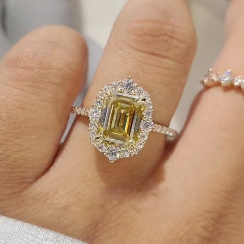 Vintage 3.5Ct Emerald Cut Yellow Stone Engagement Ring In Sterling Silver