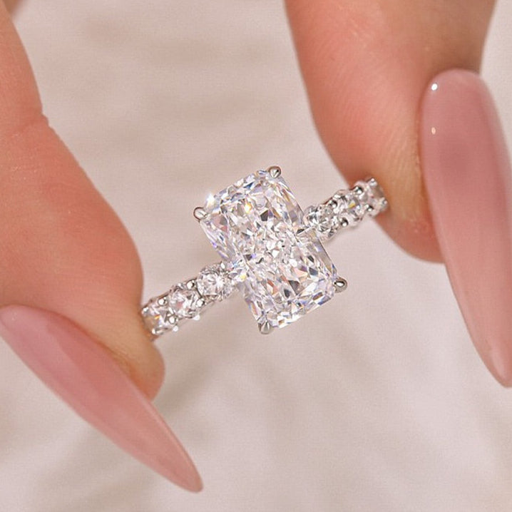 4.0Ct Radiant Cut Engagement Ring Held in Hand