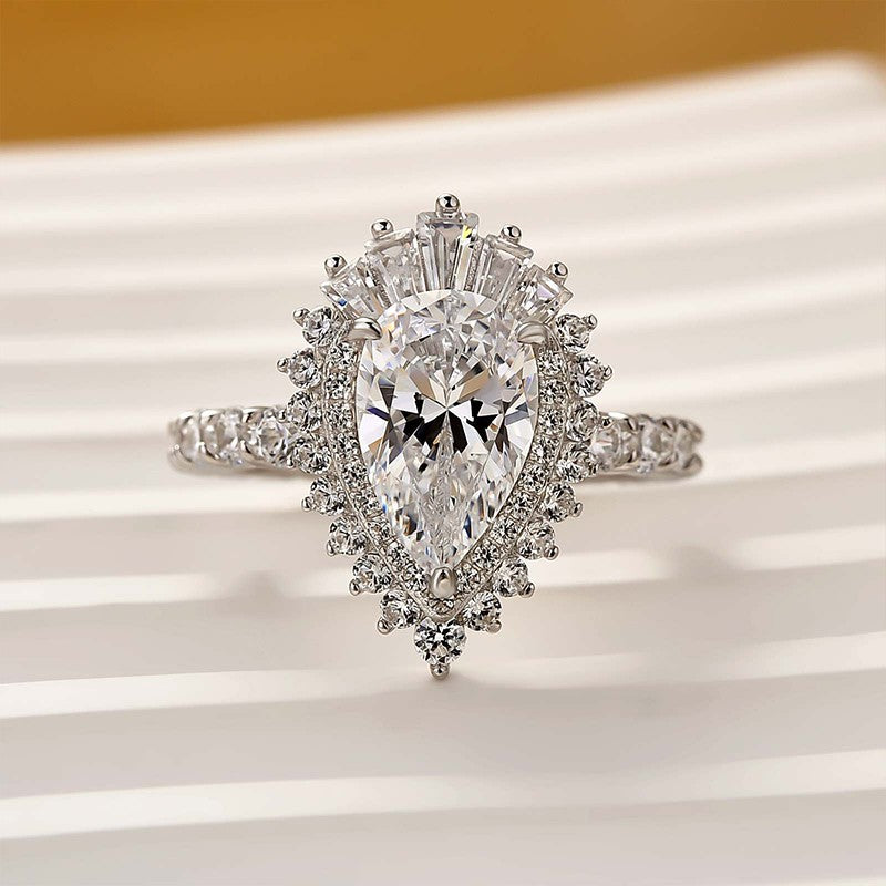 Vintage 2.2Ct Halo Pear Cut Engagement Ring Travel Ring In Sterling Silver - louilyjewelry