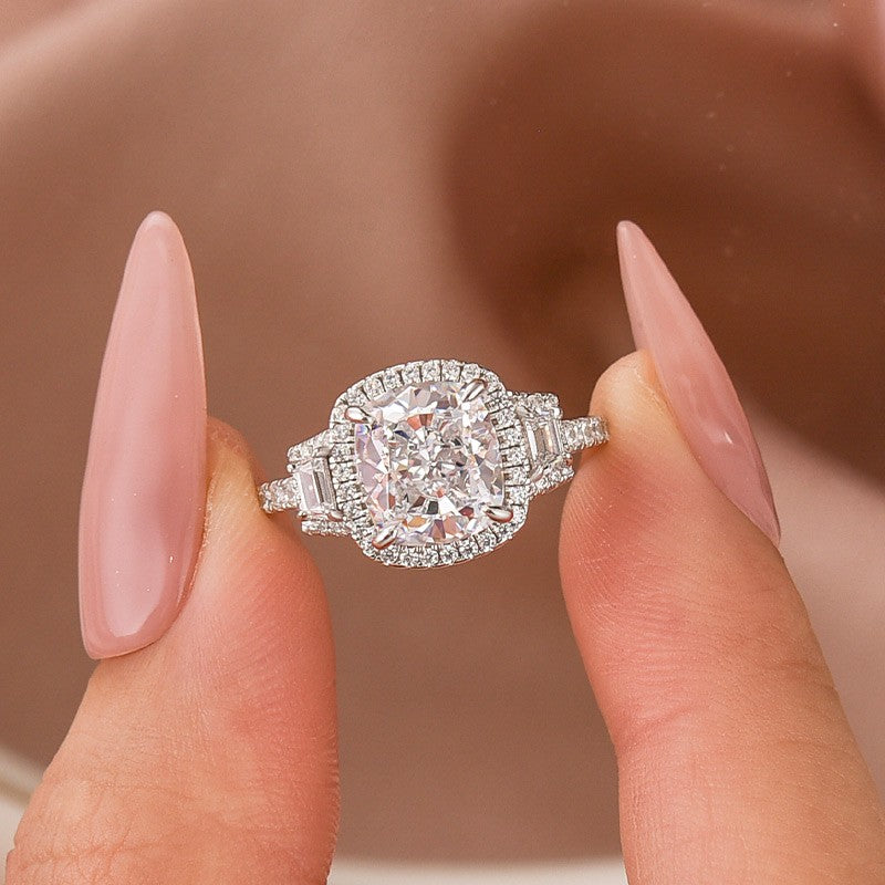 3.0Ct Cushion Cut Halo Three Stone Engagement Ring In Sterling Silver - louilyjewelry