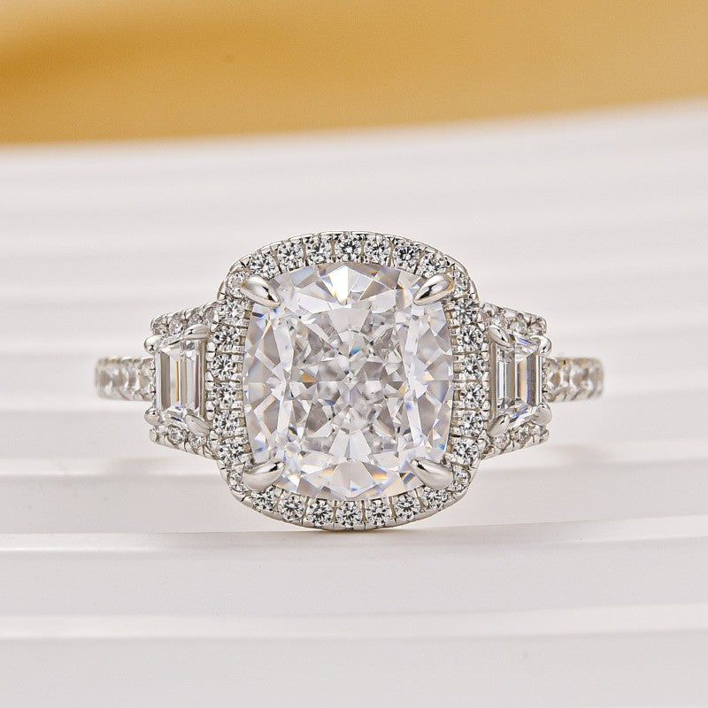 3.0Ct Cushion Cut Halo Three Stone Engagement Ring In Sterling Silver - louilyjewelry