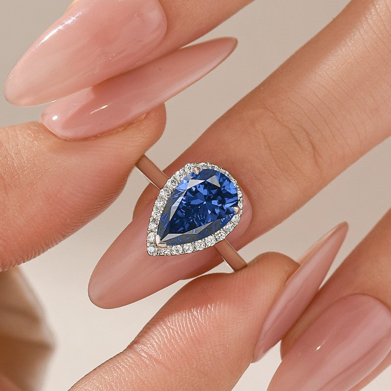 2.2Ct Halo Pear Cut Blue Stone Engagement Ring In Sterling Silver