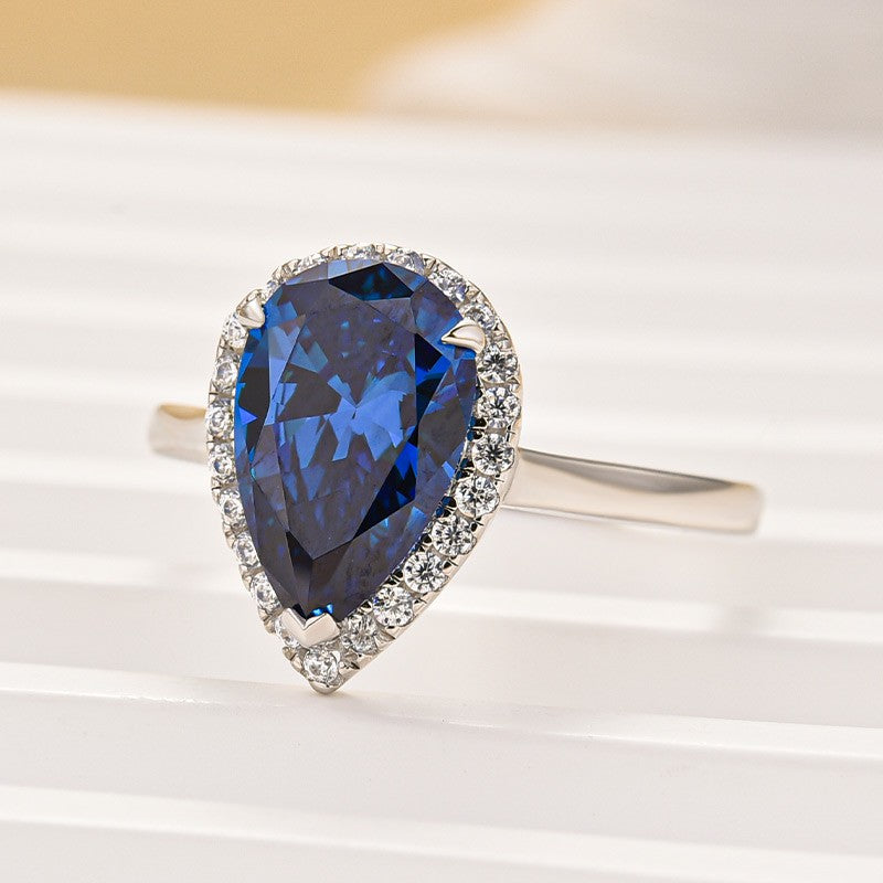 2.2Ct Halo Pear Cut Blue Stone Engagement Ring In Sterling Silver