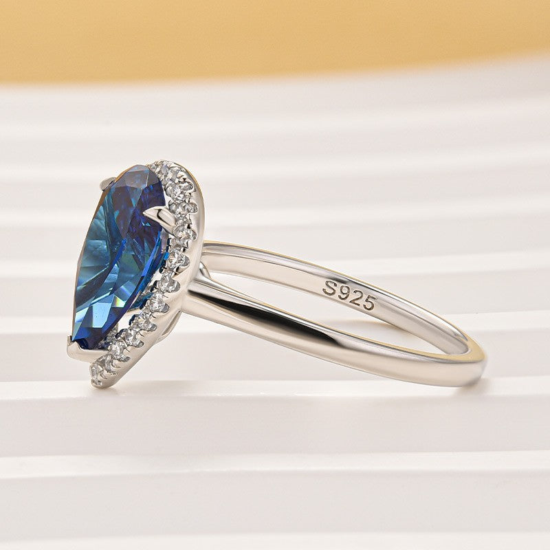 2.2Ct Halo Pear Cut Blue Stone Engagement Ring In Sterling Silver