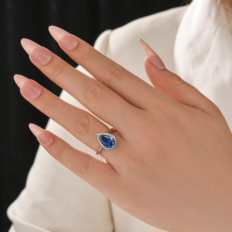 2.2Ct Halo Pear Cut Blue Stone Engagement Ring In Sterling Silver