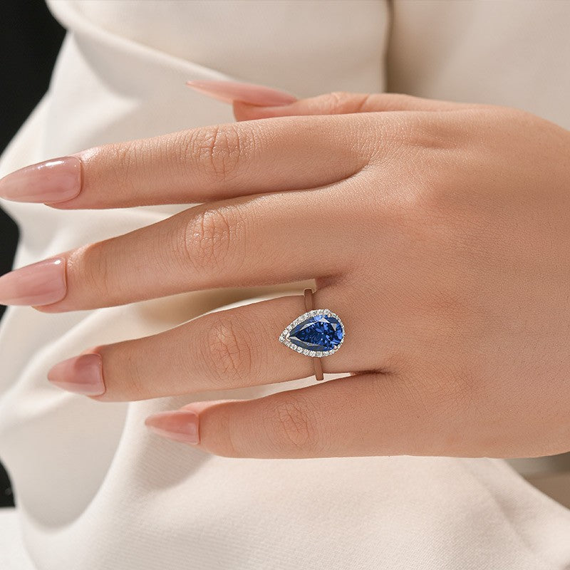 2.2Ct Halo Pear Cut Blue Stone Engagement Ring In Sterling Silver