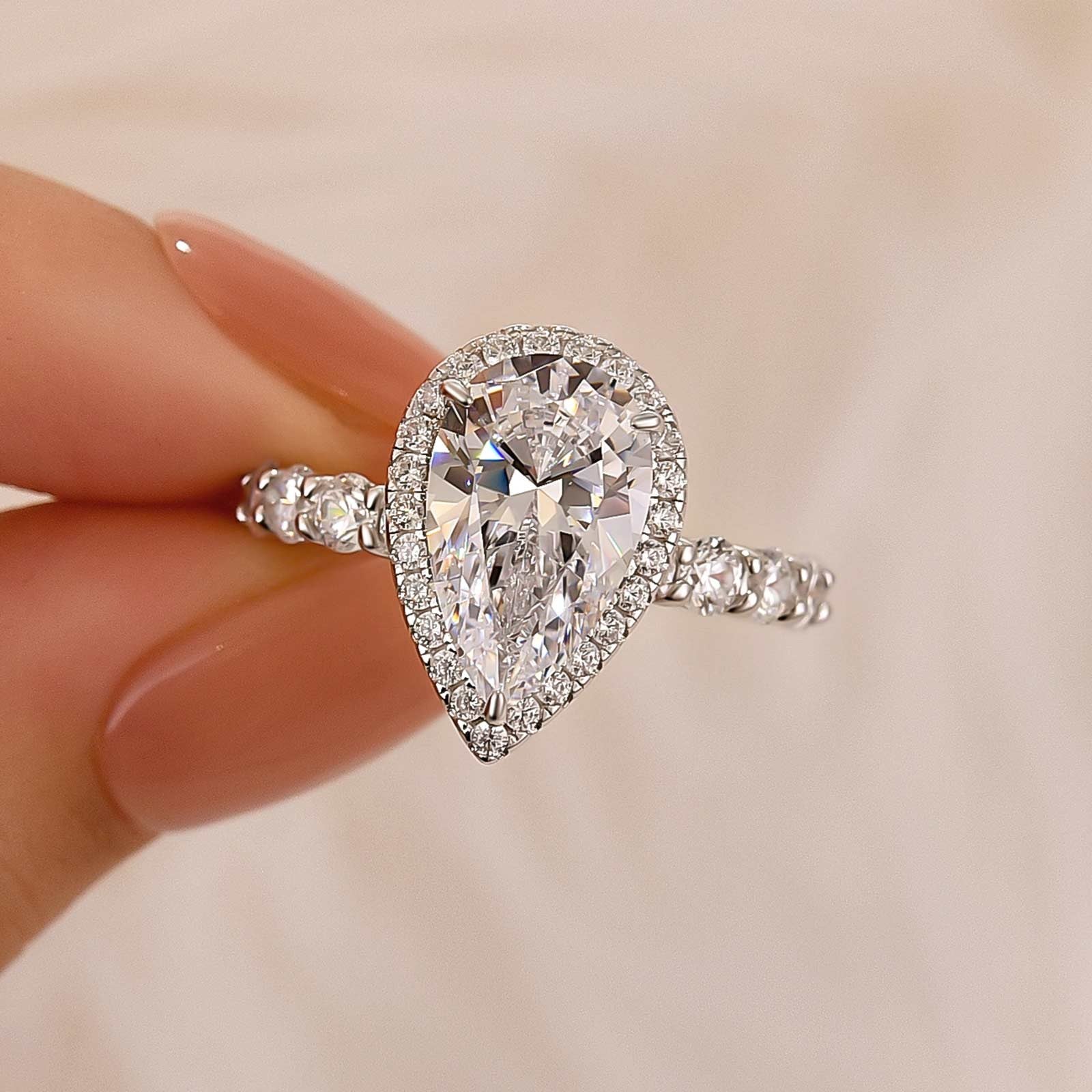 4.0Ct Pear Cut Halo Engagement Ring Travel Ring In Sterling Silver