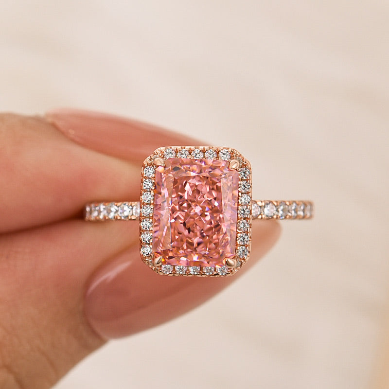 3.0Ct Radiant Cut Halo Pink Stone Engagement Ring In Sterling Silver