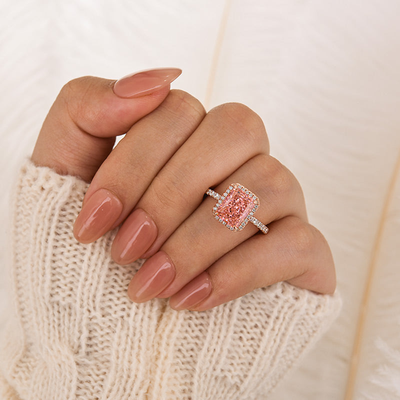 3.0Ct Radiant Cut Halo Pink Stone Engagement Ring In Sterling Silver