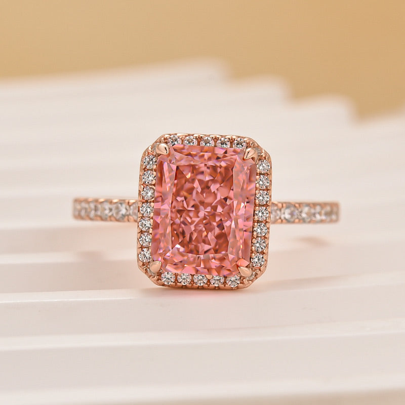 3.0Ct Radiant Cut Halo Pink Stone Engagement Ring In Sterling Silver
