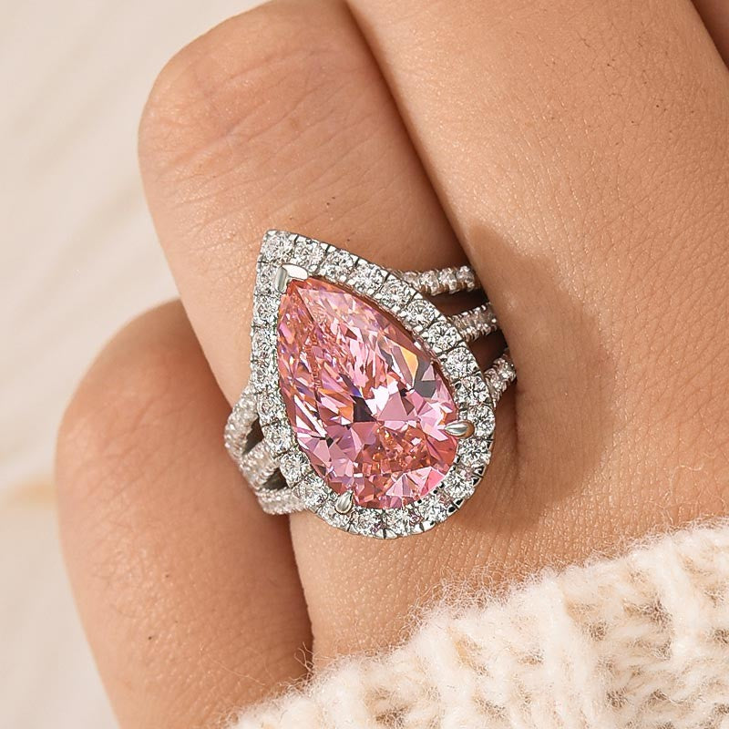 Vintage Split Shank Halo 4.5Ct Pear Cut Pink Engagement Ring In Sterling Silver