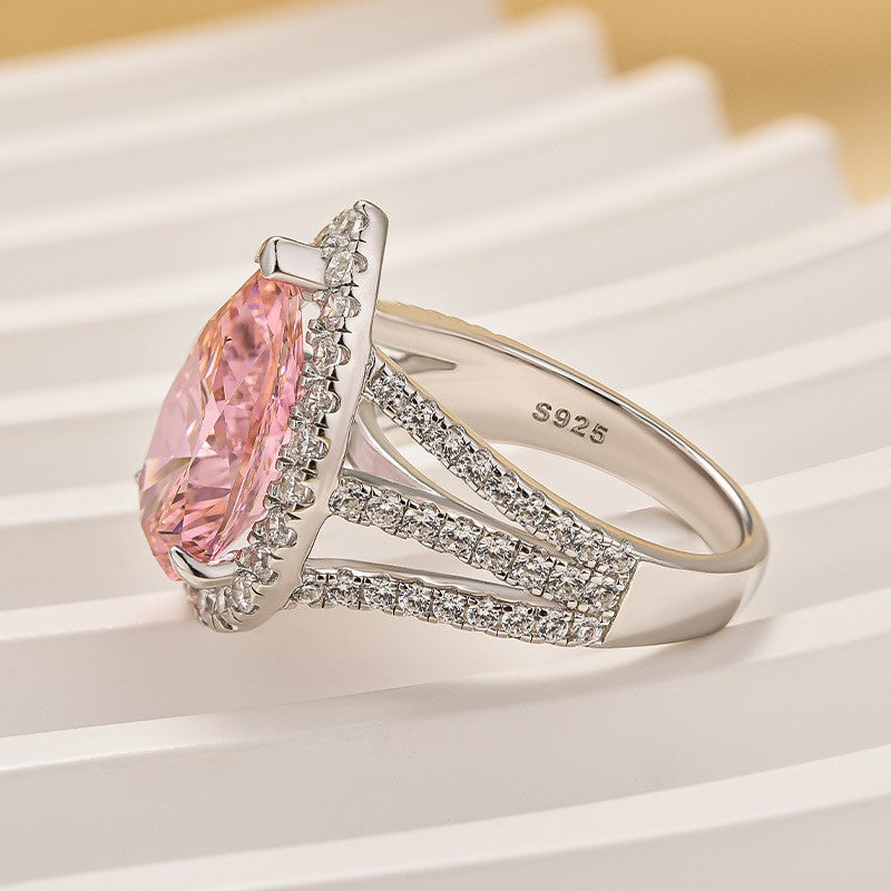 Vintage Split Shank Halo 4.5Ct Pear Cut Pink Engagement Ring In Sterling Silver