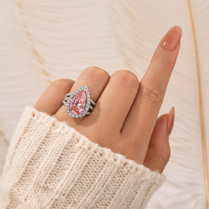 Vintage Split Shank Halo 4.5Ct Pear Cut Pink Engagement Ring In Sterling Silver