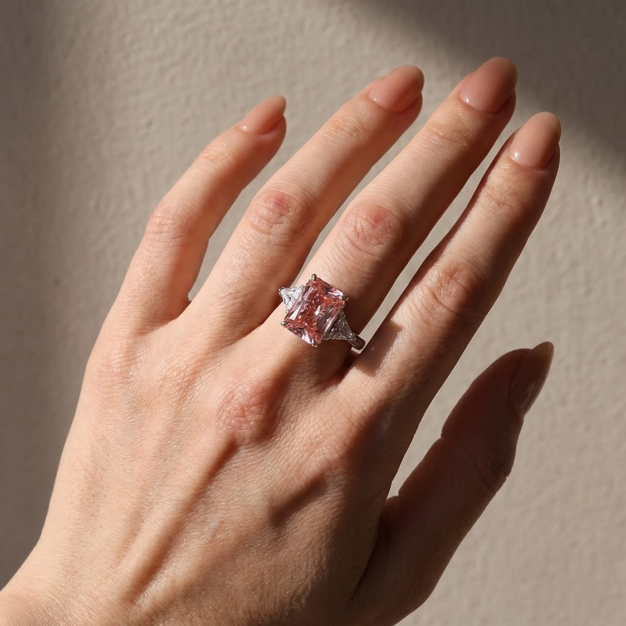 S925 5.0 Carat Radiant Cut White/Pink Three Stone Engagement Ring With Hidden Halo For Everyday Wear
