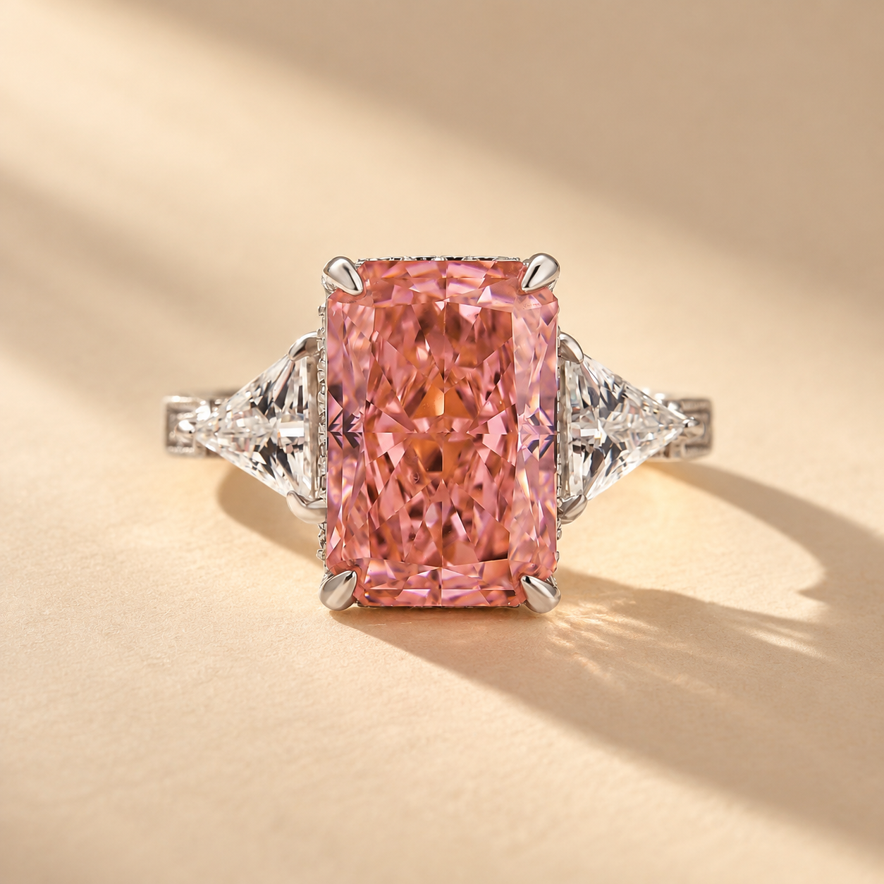 S925 5.0 Carat Radiant Cut Pink Three Stone Engagement Ring With Hidden Halo For Everyday Wear