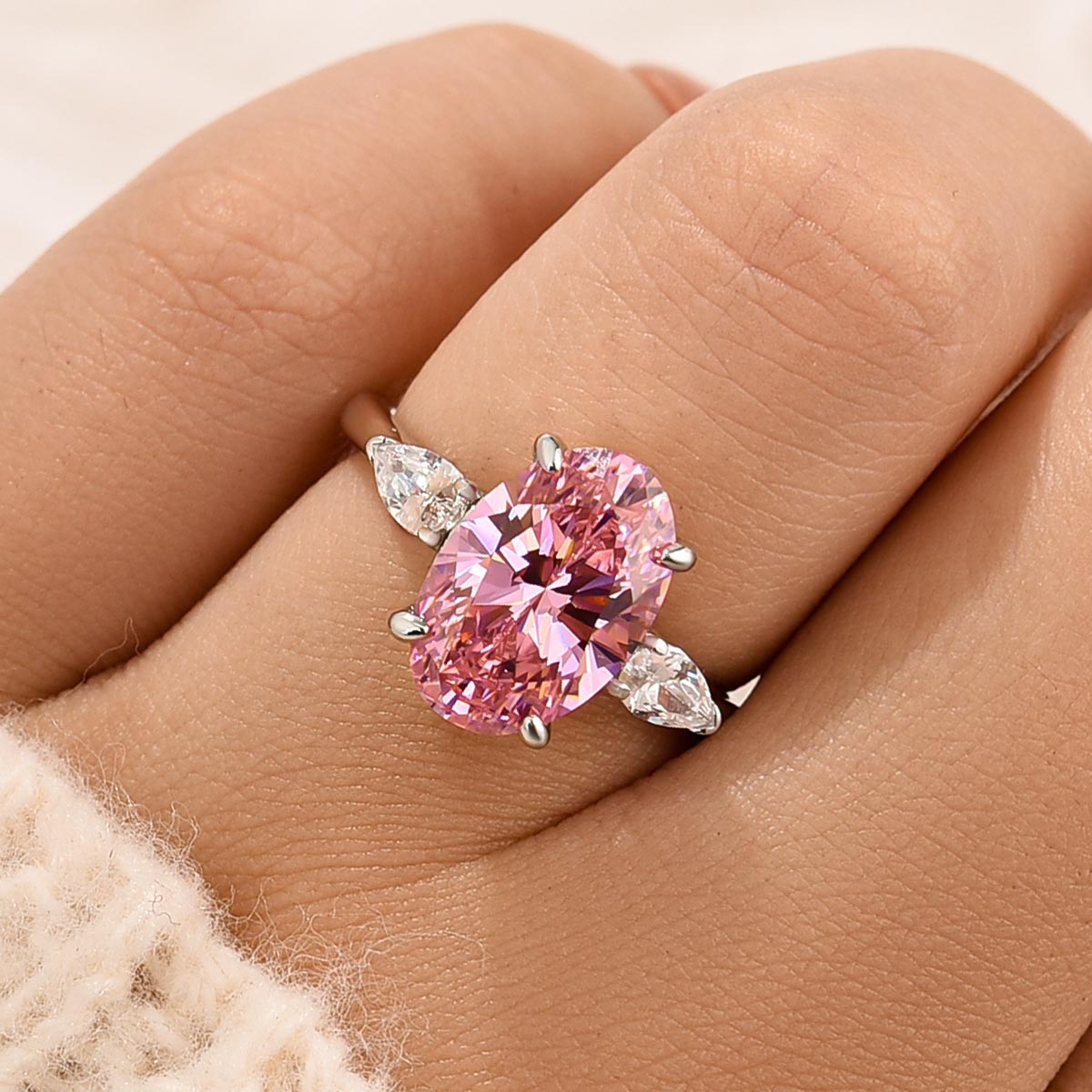 4.0Ct Oval Cut Pink Stone Three Stone Engagement Ring In Sterling Silver