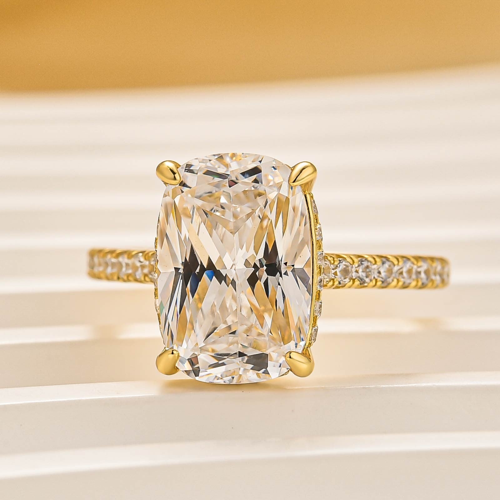 Bright 5.5Ct Cushion Cut Pavé Yellow Gold Engagement Ring For Women In Sterling Silver