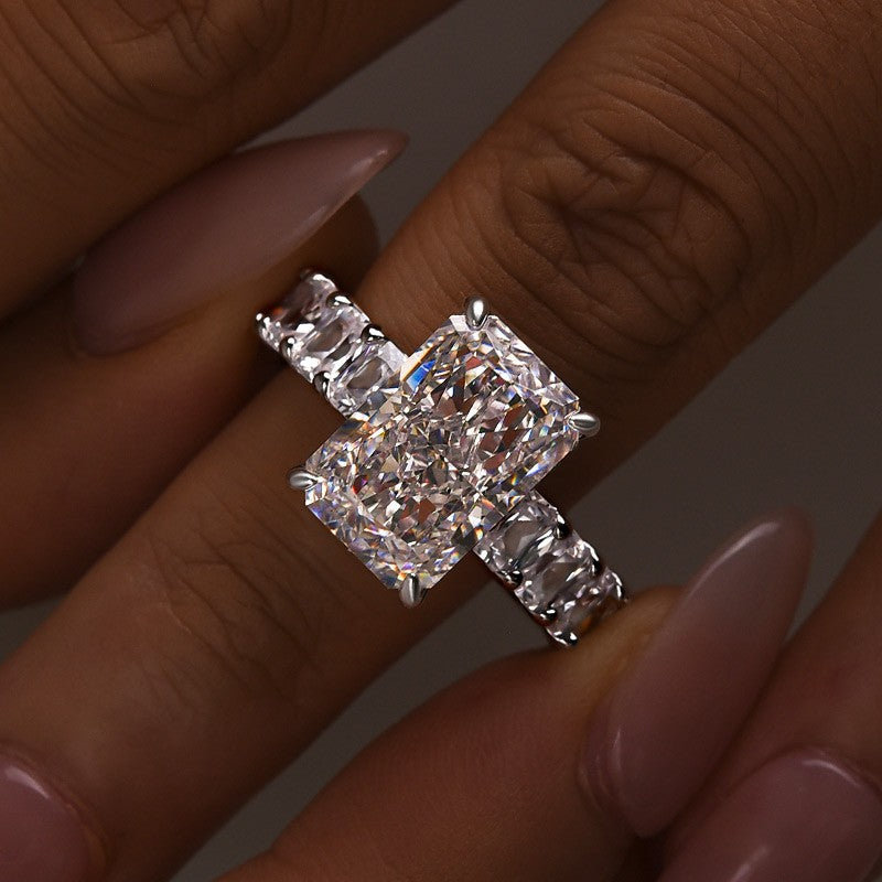 5.0Ct Radiant Cut Hidden Halo Half Engagement Ring In Sterling Silver