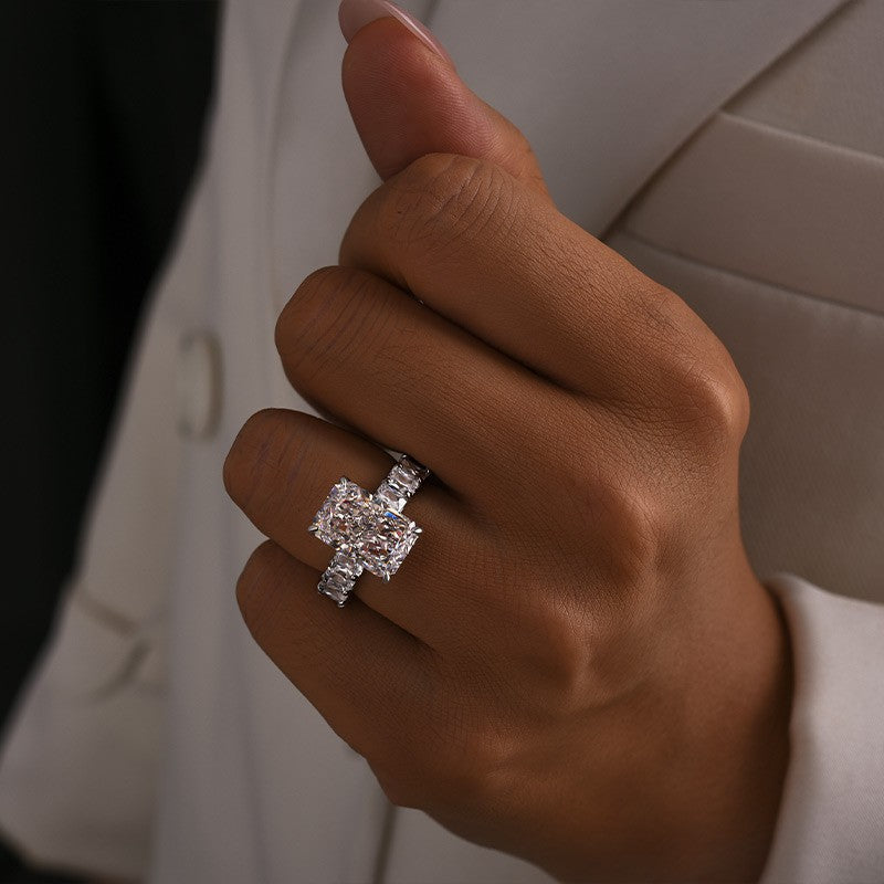 5.0Ct Radiant Cut Hidden Halo Half Engagement Ring In Sterling Silver