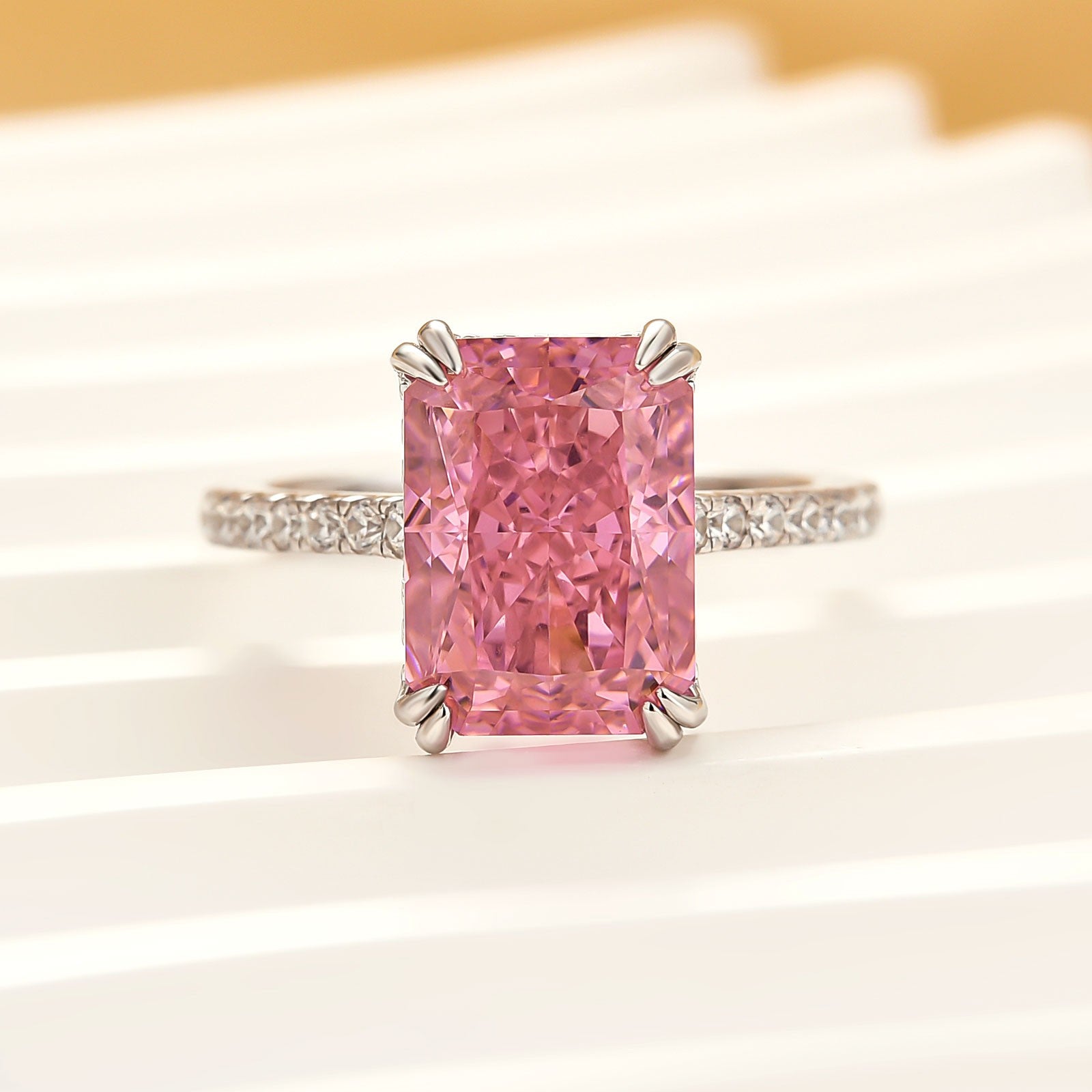 Pink Stone Design 4.5Ct Elegant Radiant Cut Pink Stone Engagement Ring In Sterling Silve ...