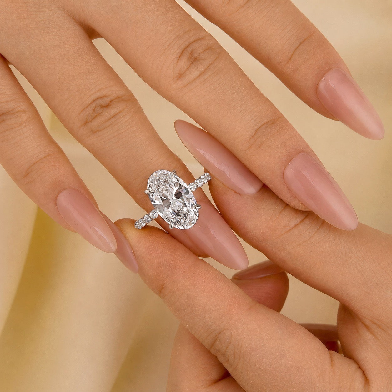S925 5.0Ct Oval Cut Side Stone Simulated Diamond Engagement Ring For Everyday Wear