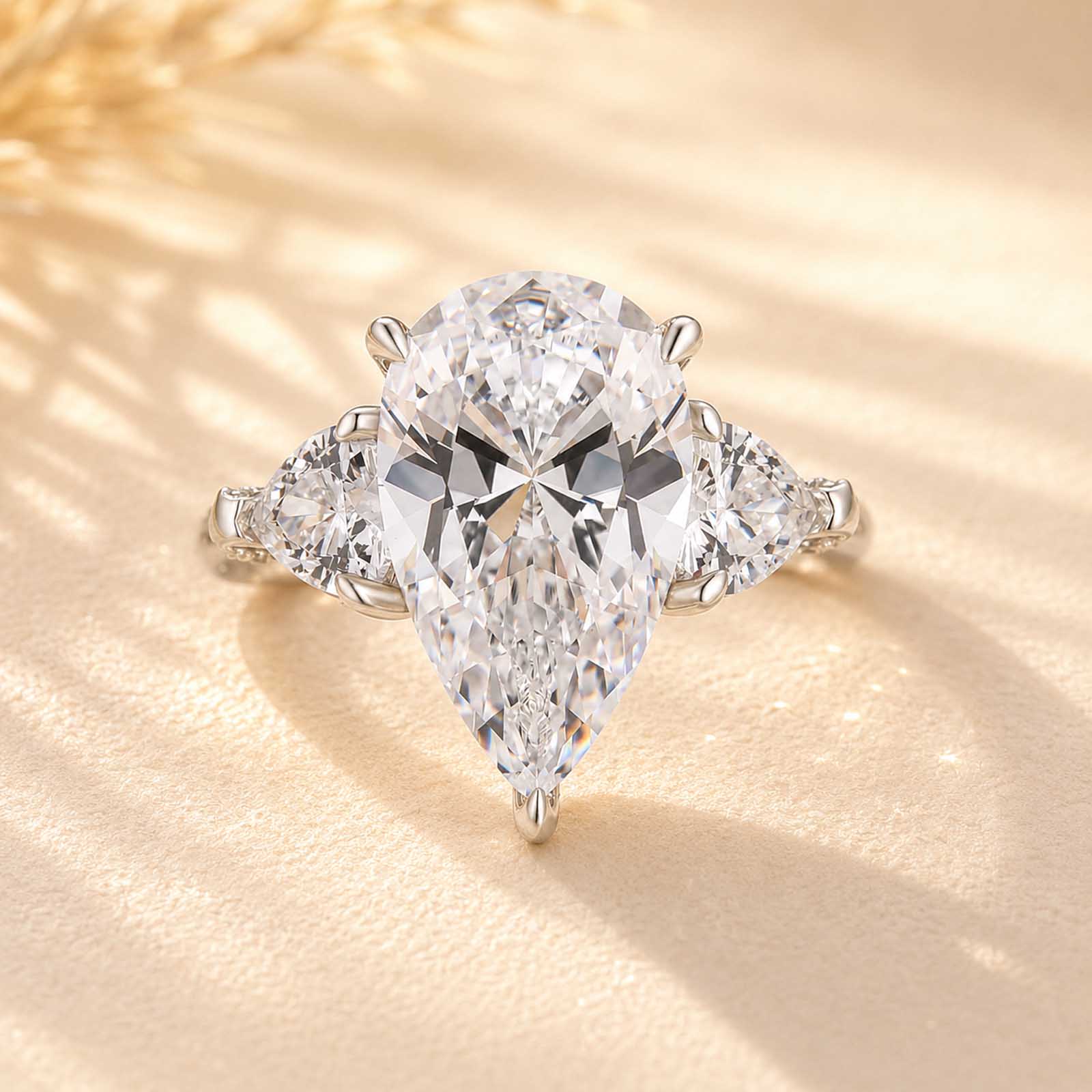 S925 7.0Ct Pear Cut Three Stone Engagement Ring with Heart Cut Accents & Pavé Band For Women