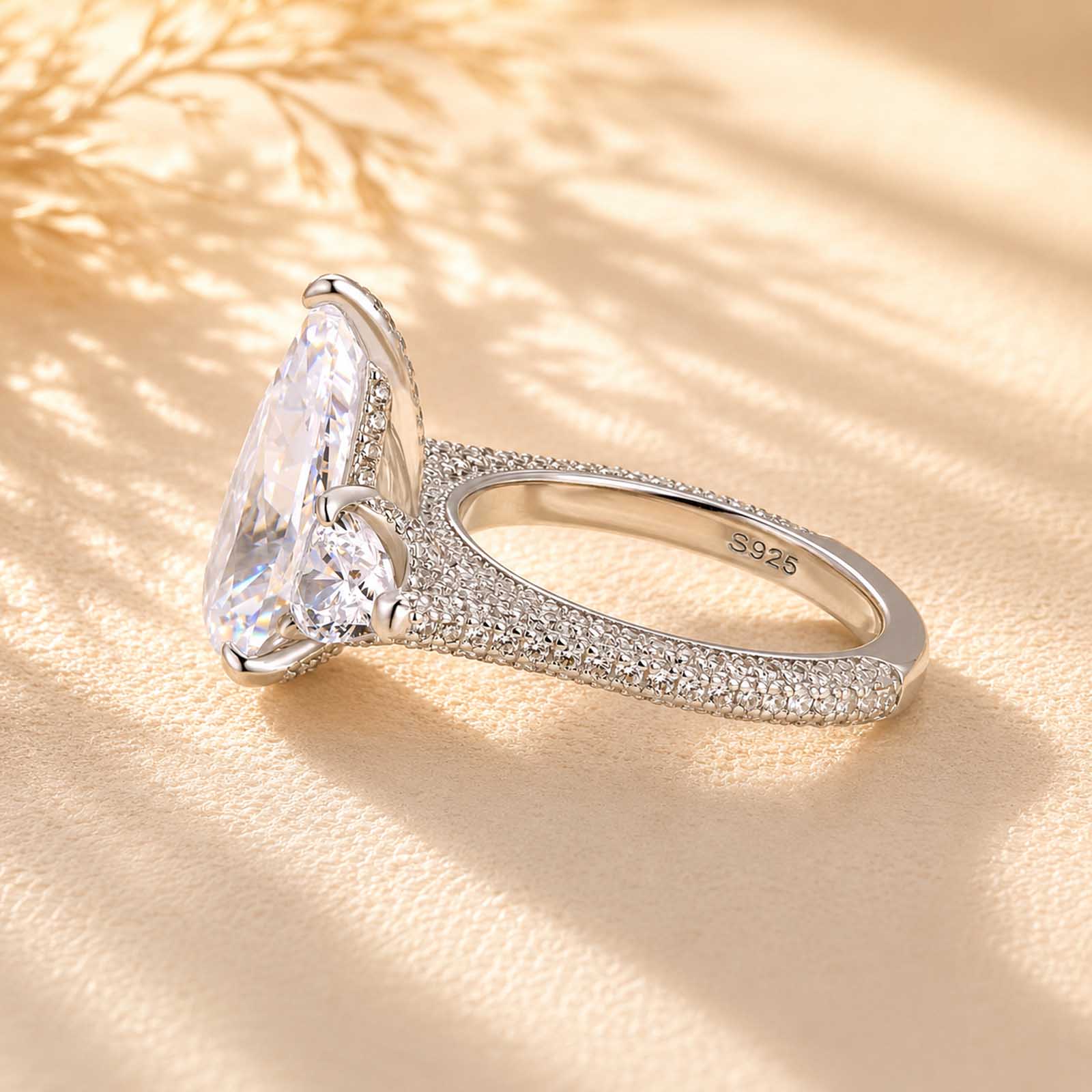 S925 7.0Ct Pear Cut Three Stone Engagement Ring with Heart Cut Accents & Pavé Band For Women