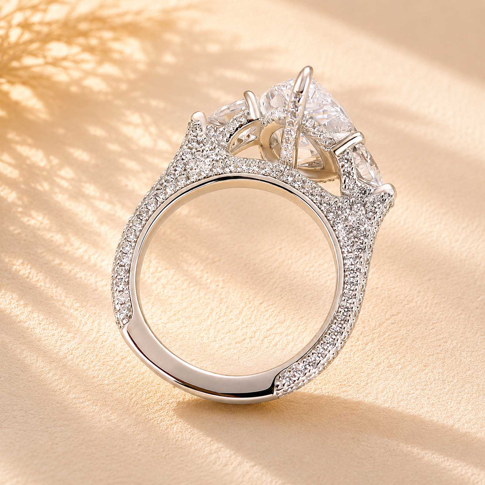 S925 7.0Ct Pear Cut Three Stone Engagement Ring with Heart Cut Accents & Pavé Band For Women