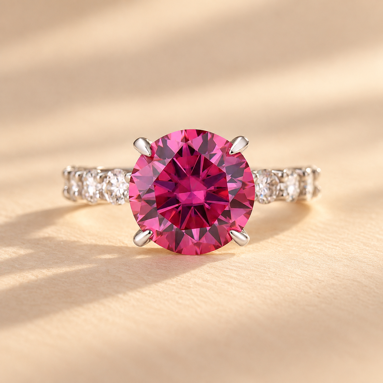 Moissanite 2.0Ct-4.0Ct Hidden Halo Pink Round Cut Side Stone Engagement Ring