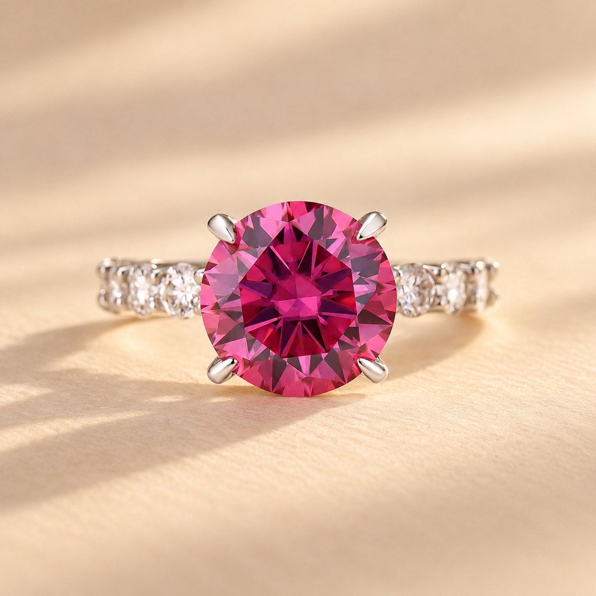 Moissanite 2.0Ct-4.0Ct Hidden Halo Pink Round Cut Side Stone Engagement Ring