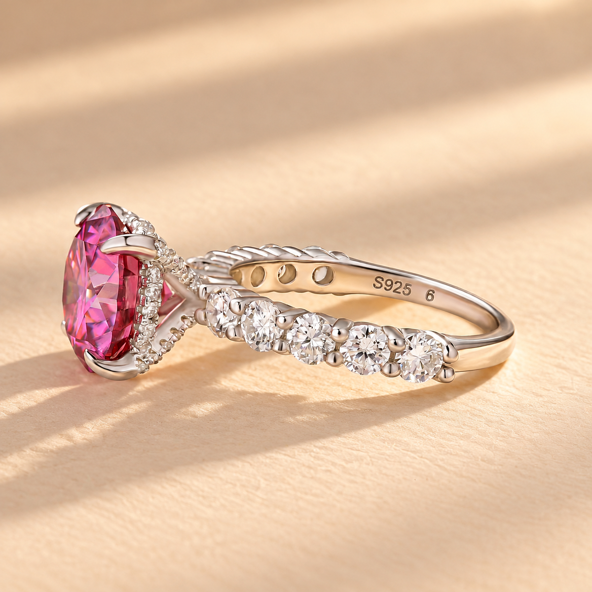 Moissanite 2.0Ct-4.0Ct Hidden Halo Pink Round Cut Side Stone Engagement Ring