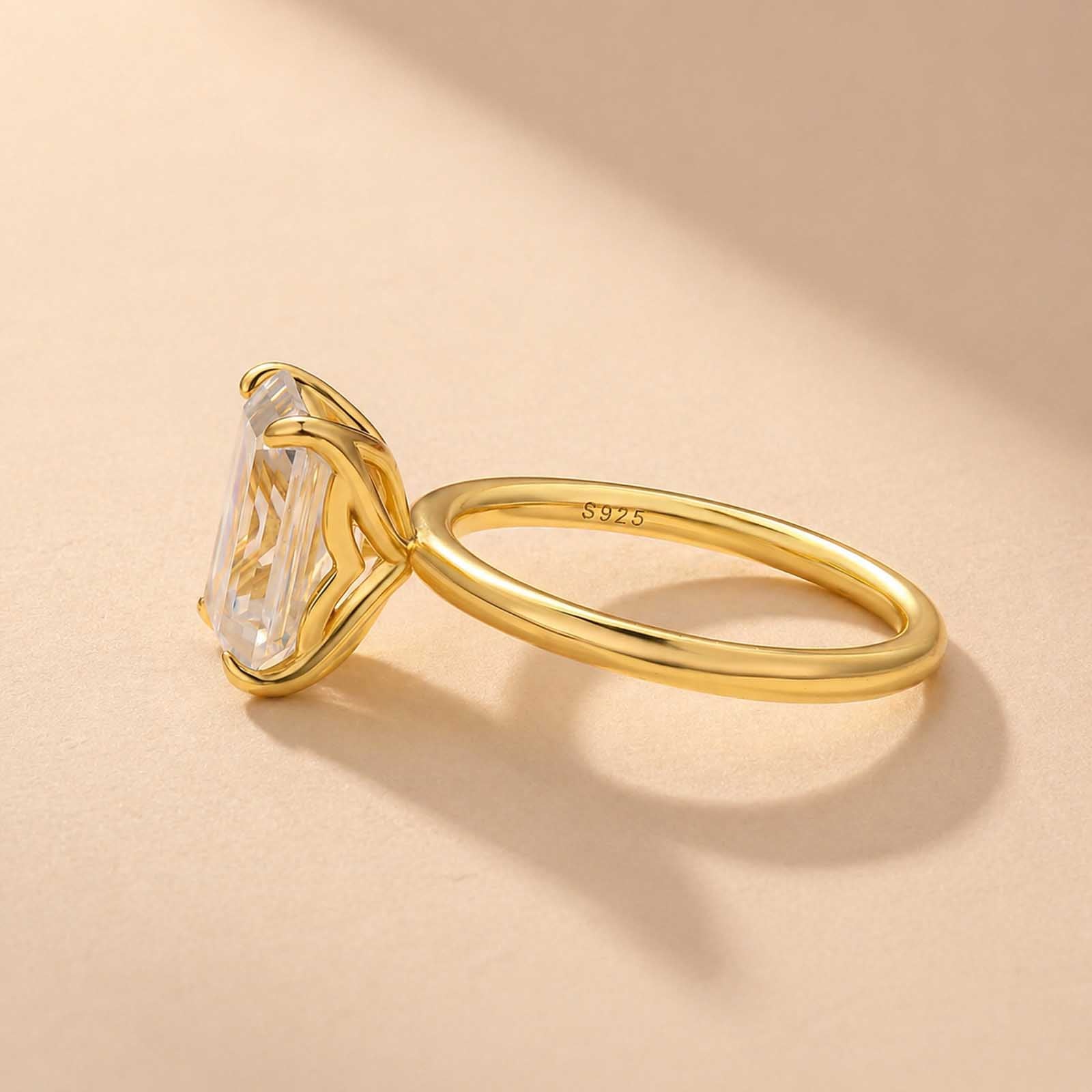 S925 Moissanite 3.5Ct Emerald Cut Solitaire Ring In 18K Yellow Gold Plated Sterling Silver For Women