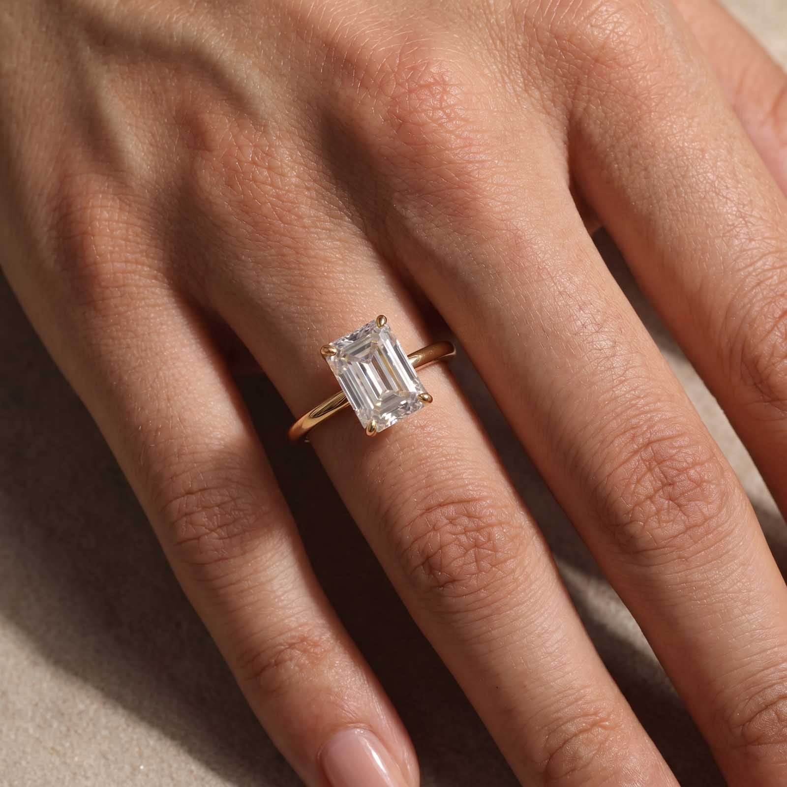 S925 Moissanite 3.5Ct Emerald Cut Solitaire Ring In 18K Yellow Gold Plated Sterling Silver For Women