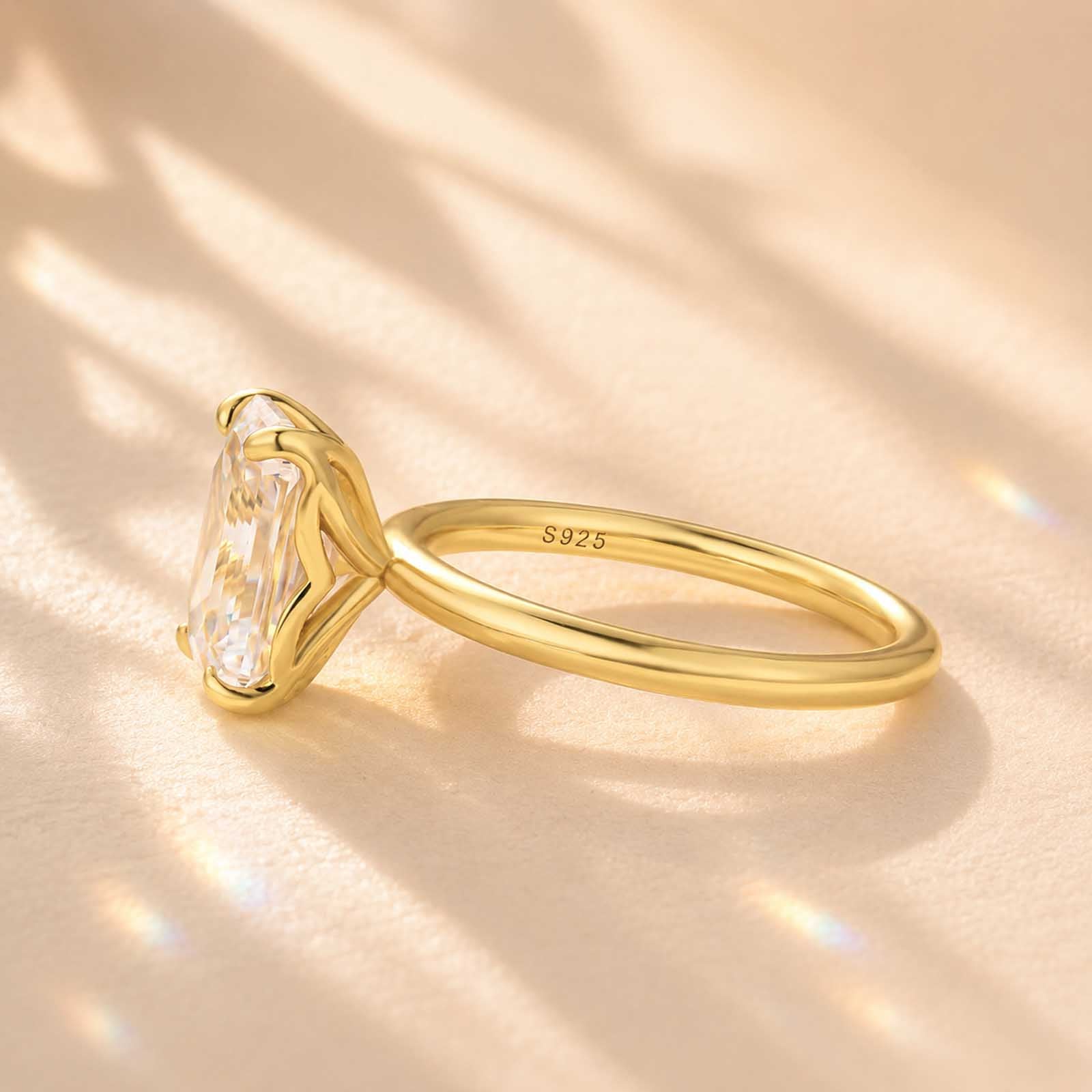 S925 3.5Ct Emerald Cut Solitaire 18K Yellow Gold Engagement Ring in Sterling Silver