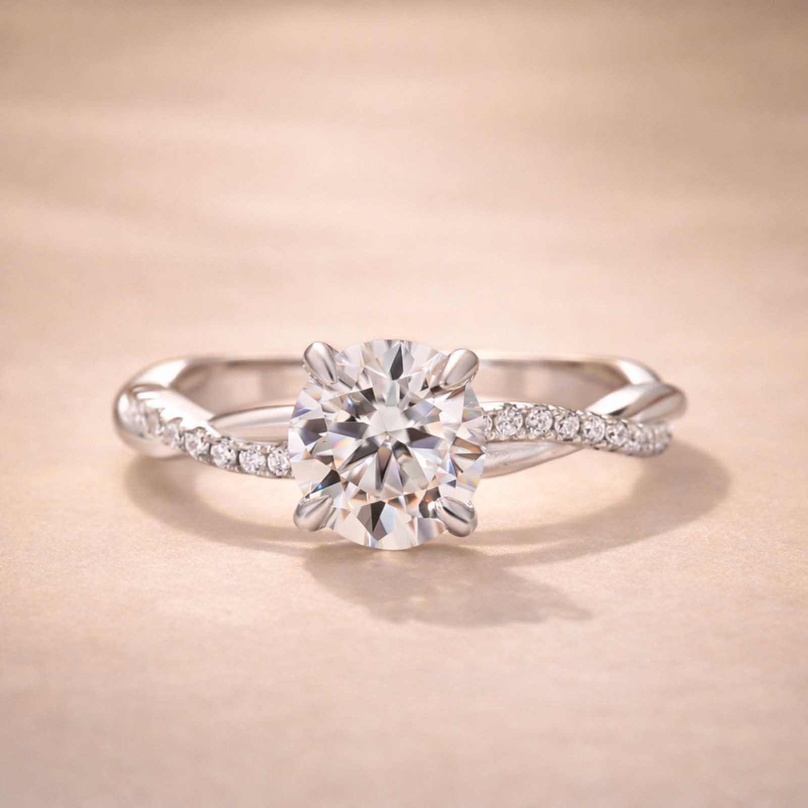 S925 Moissanite 1.0Ct Round Cut Twist White Gold 2.0Ct Round Cut Engagement Ring