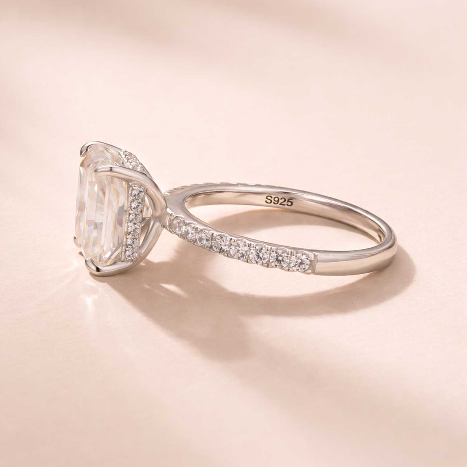 S925 Moissanite 4.0Ct Radiant Cut Concealed Halo Engagement Ring In Sterling Silver Travel Ring