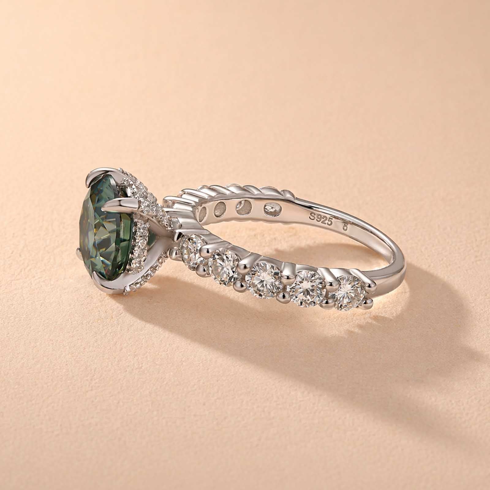 S925 Moissanite 3.0Ct Round Green Stone Wedding Set/Engagement Ring For Holiday Ring Gift