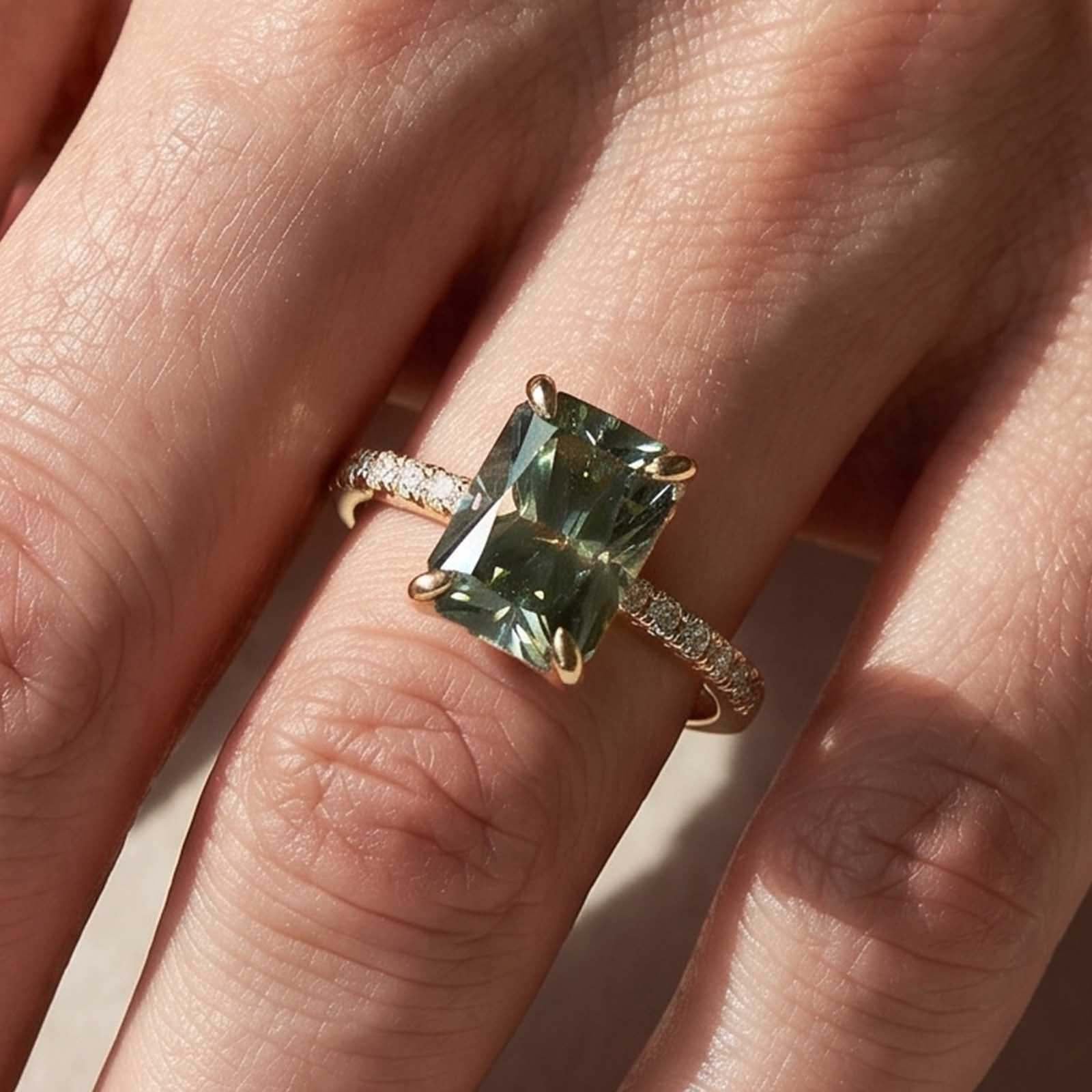 S925 Green Moissanite 3.5Ct Radiant Cut Yellow/White Gold Engagement Ring For Women