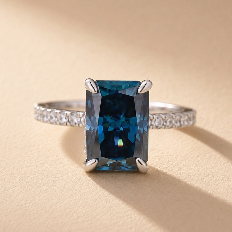 S925 Moissanite 3.5Ct Radiant Cut Chic Blue Stone Ring Travel Ring For Women
