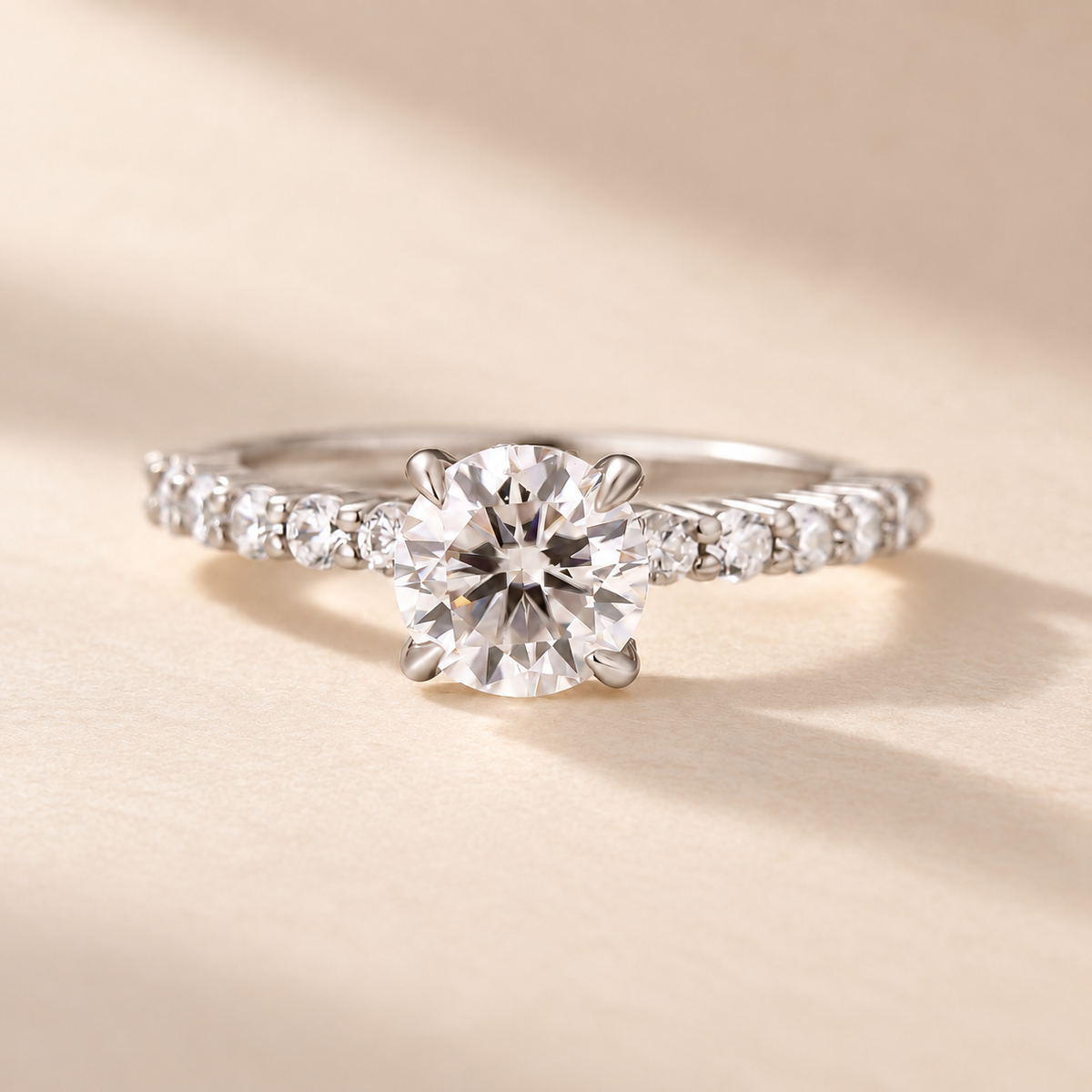 Moissanite 1.0Ct Round Cut Hidden Halo Stackable Side Stone Ring For Everyday Wear