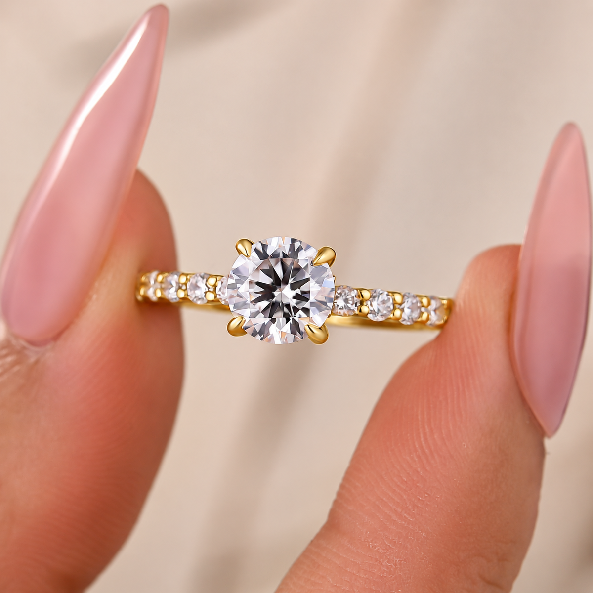 Moissanite 1.0Ct Round Cut Hidden Halo Stackable Side Stone Ring For Everyday Wear