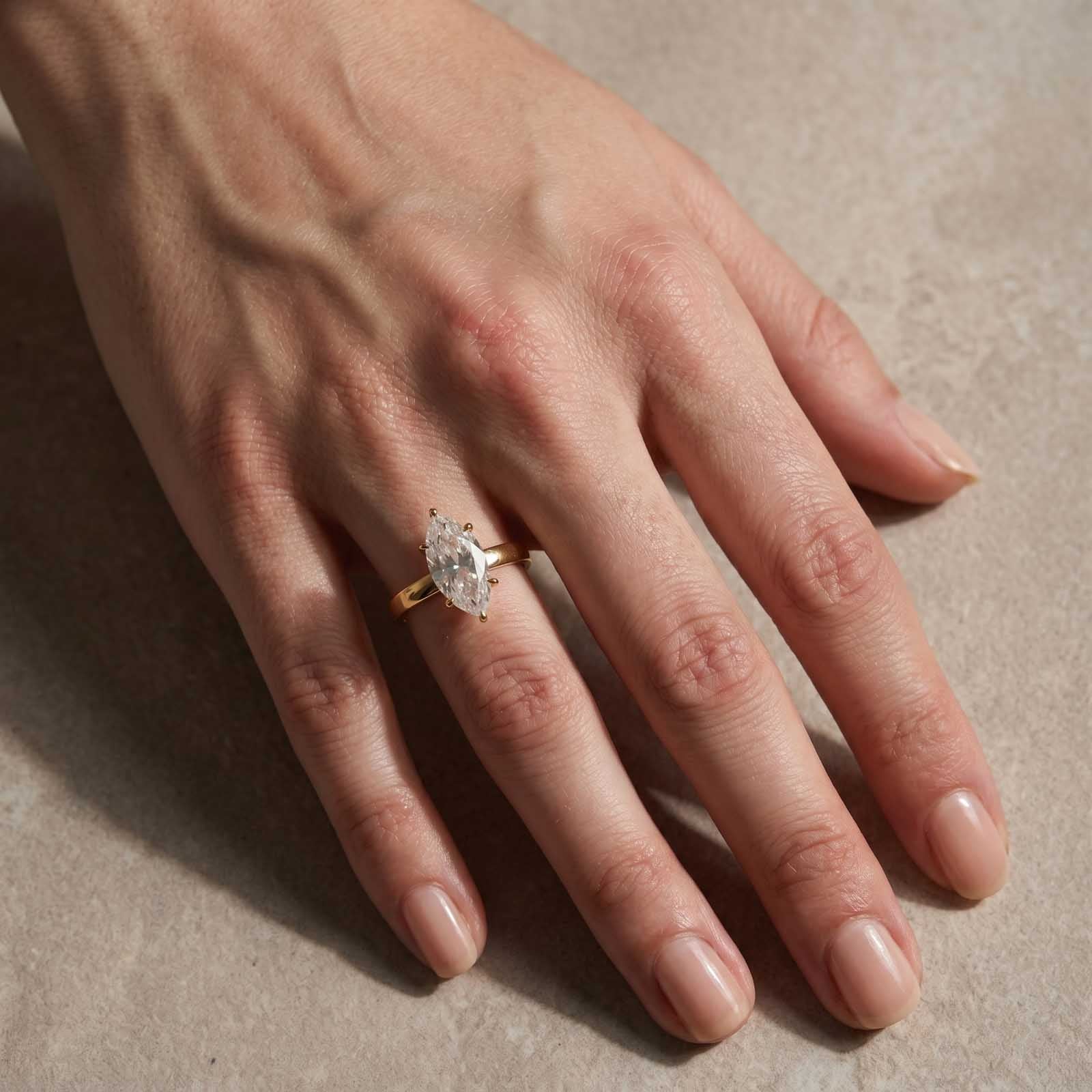 S925 Moissanite Solitaire 3.0Ct Marquise Cut Yellow Gold Engagement Ring