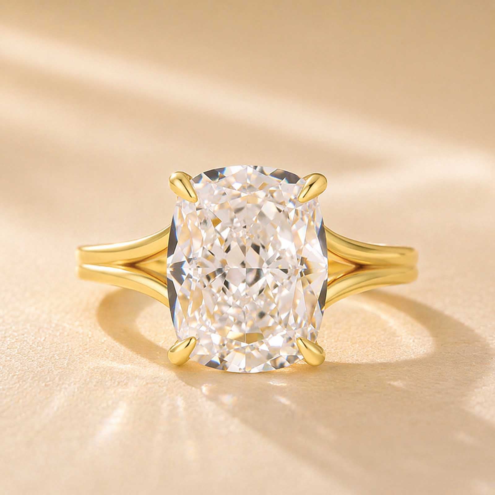 S925 5.5Ct Cushion Cut Split Shank Engagement Ring Yellow Gold Plated Hidden Halo Bridal Ring