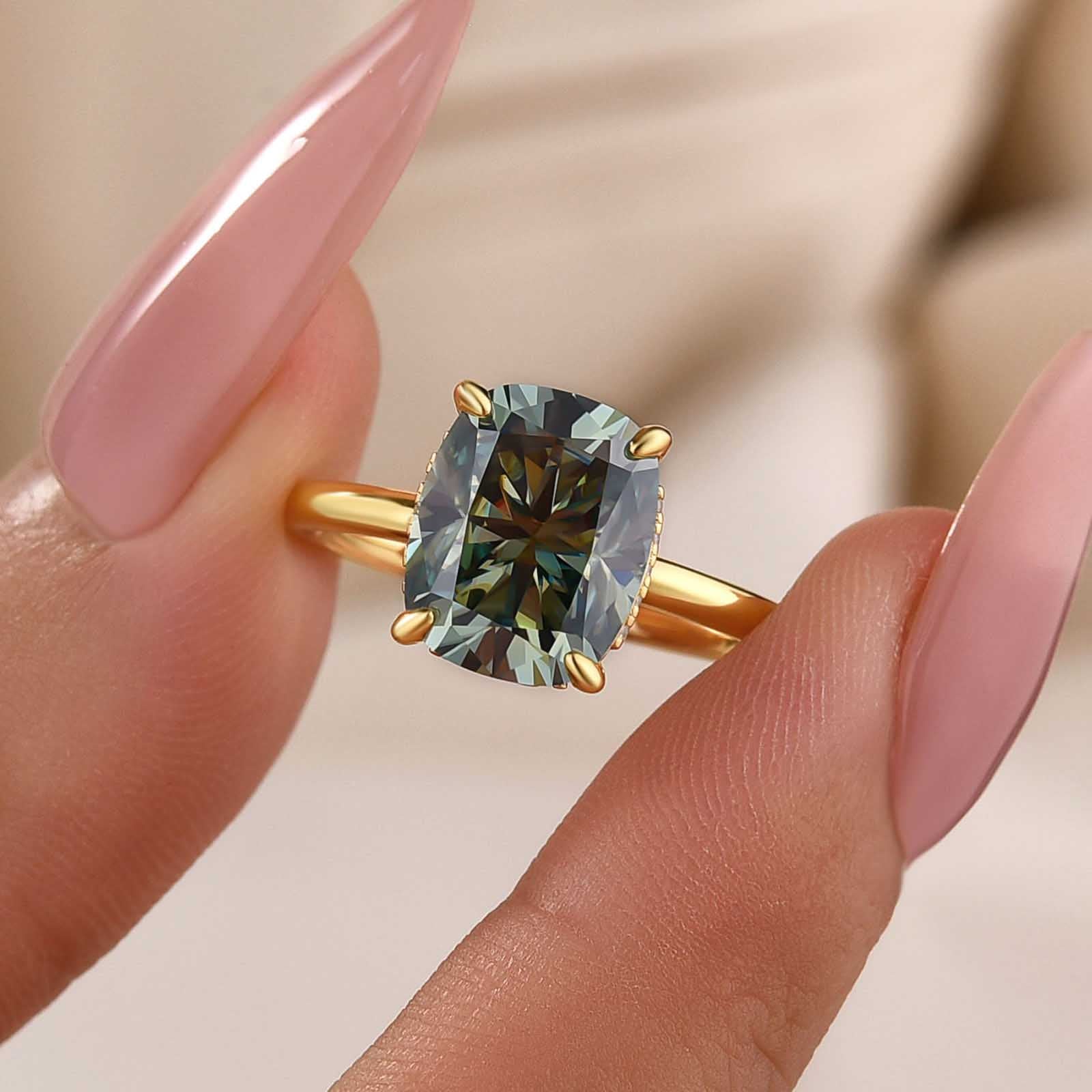 S925 Moissanite 3.5Ct Cushion Cut Hidden Halo Green Stone Engagement Ring in Sterling Silver